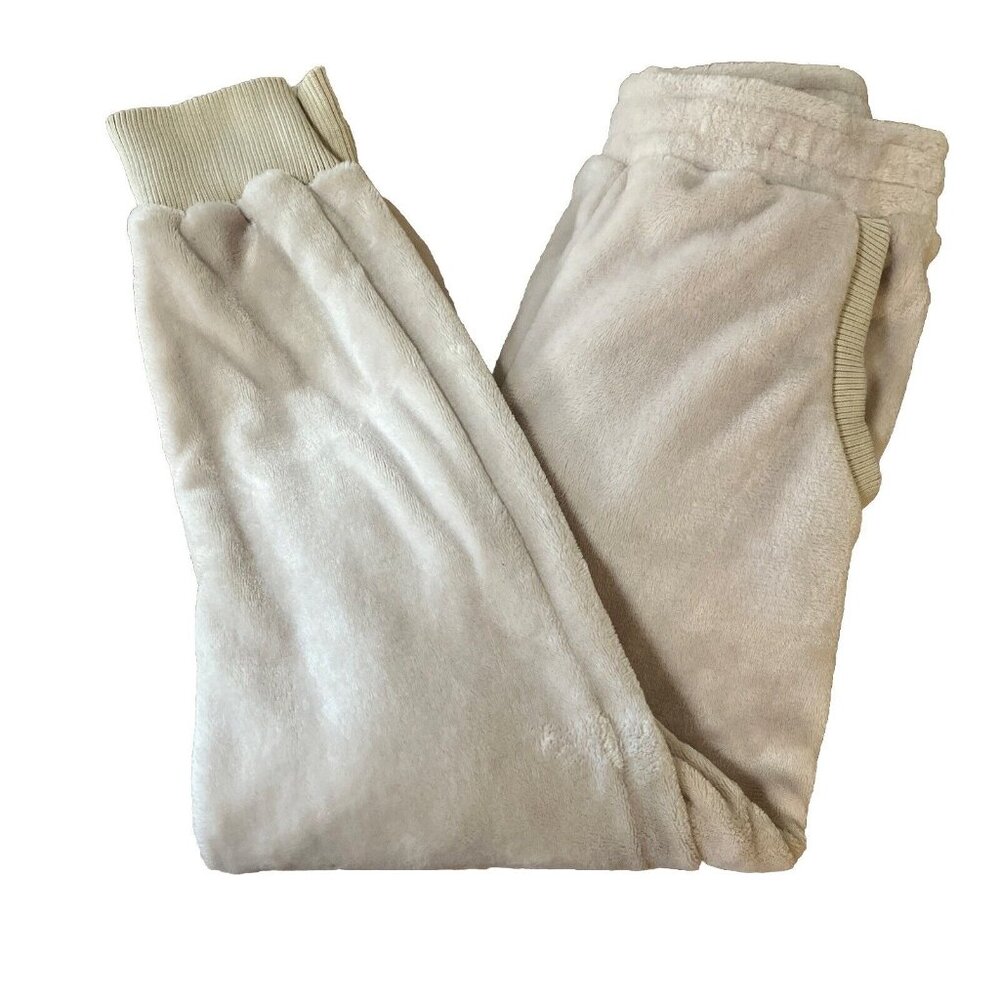 LUSH Super Soft Velour Jogger Pants Women’s A Sz M Taupe Pockets Plush Cozy